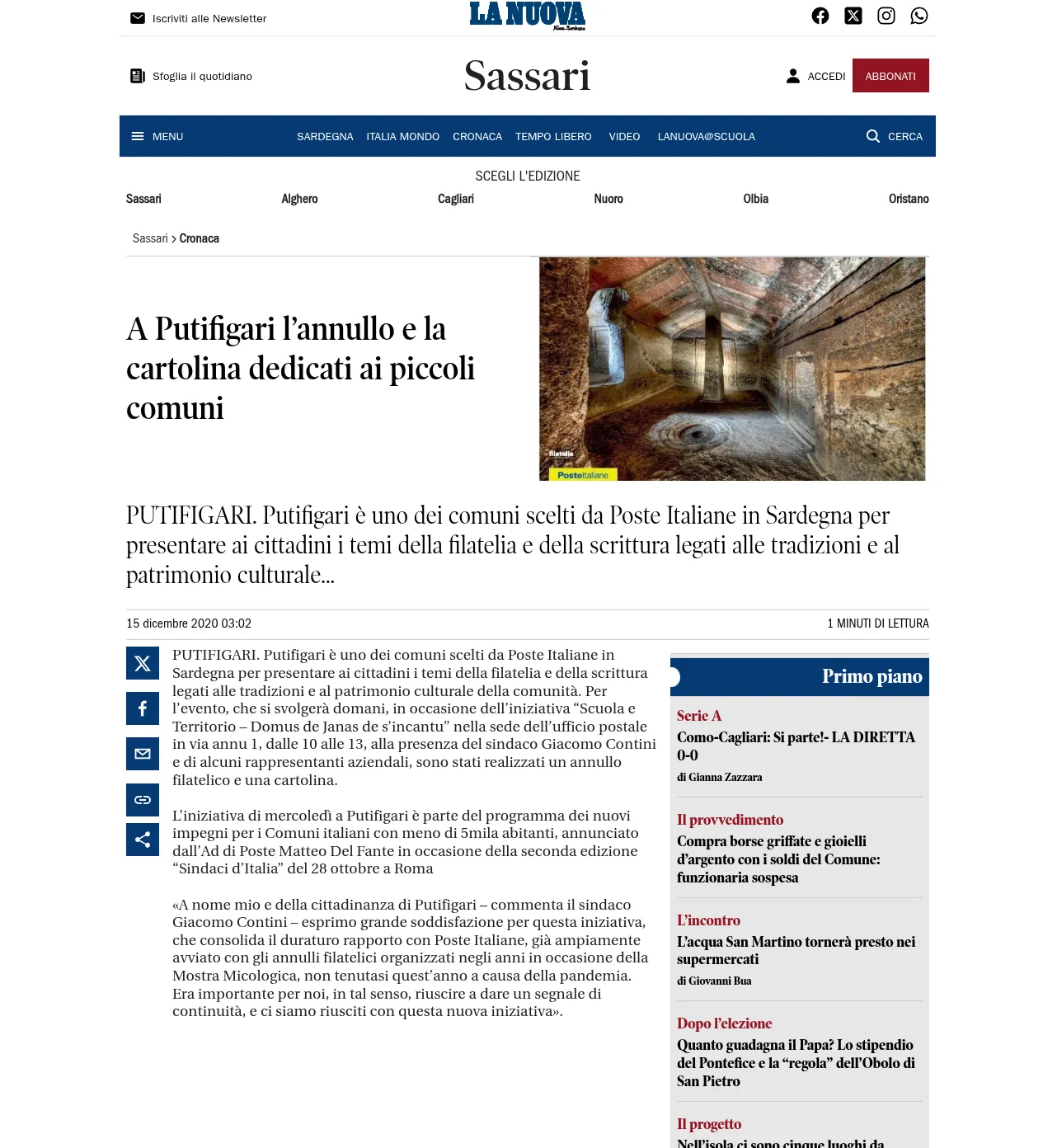 La Nuova Sardegna riporta l'iniziativa filatelica di Poste Italiane a Putifigari