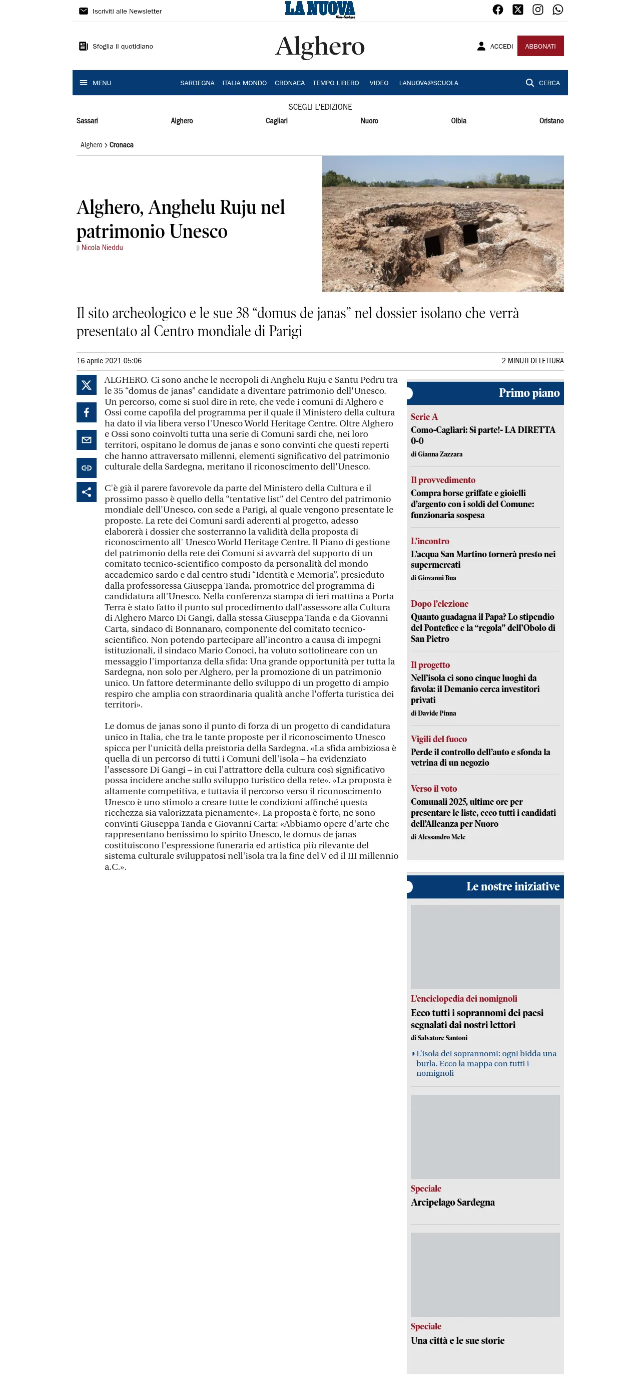 La Nuova Sardegna esplora la candidatura delle domus de janas di Anghelu Ruju e Santu Pedru a Patrimonio UNESCO