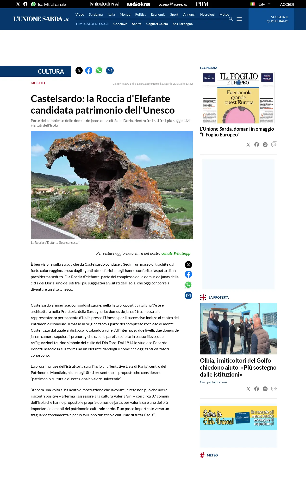 L'Unione Sarda parla della candidatura della Roccia d'Elefante a patrimonio UNESCO