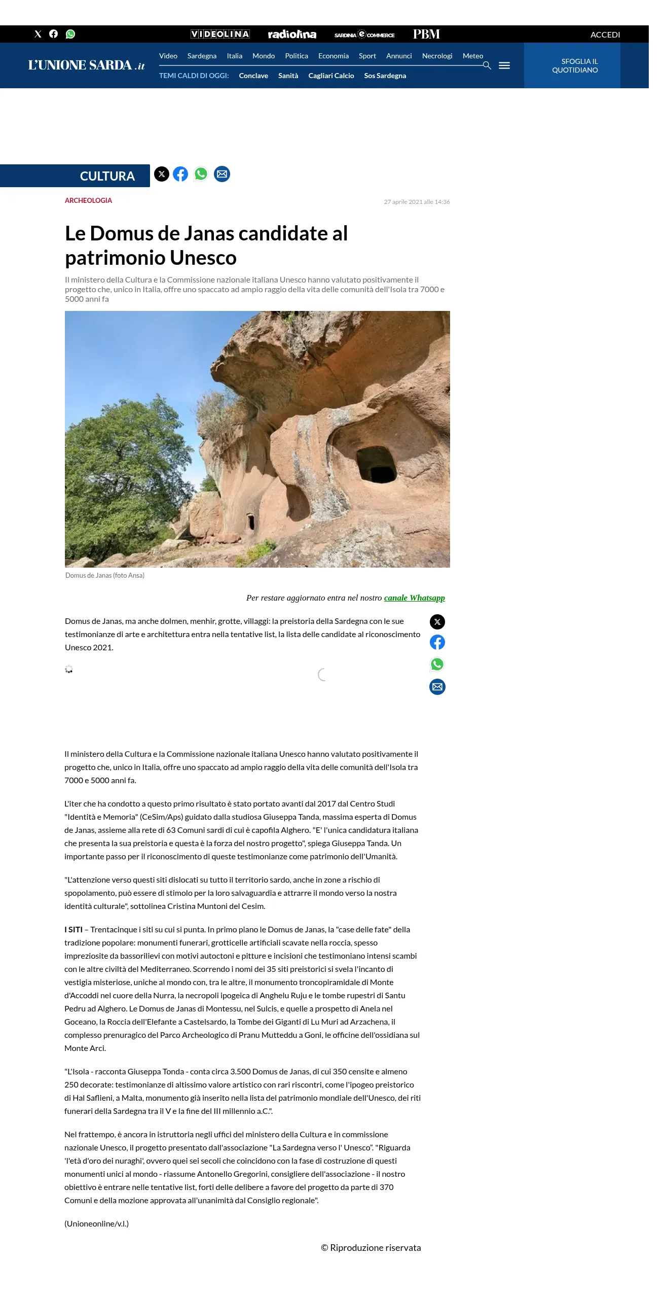 L'Unione Sarda: le Domus de Janas della Sardegna candidate al patrimonio UNESCO