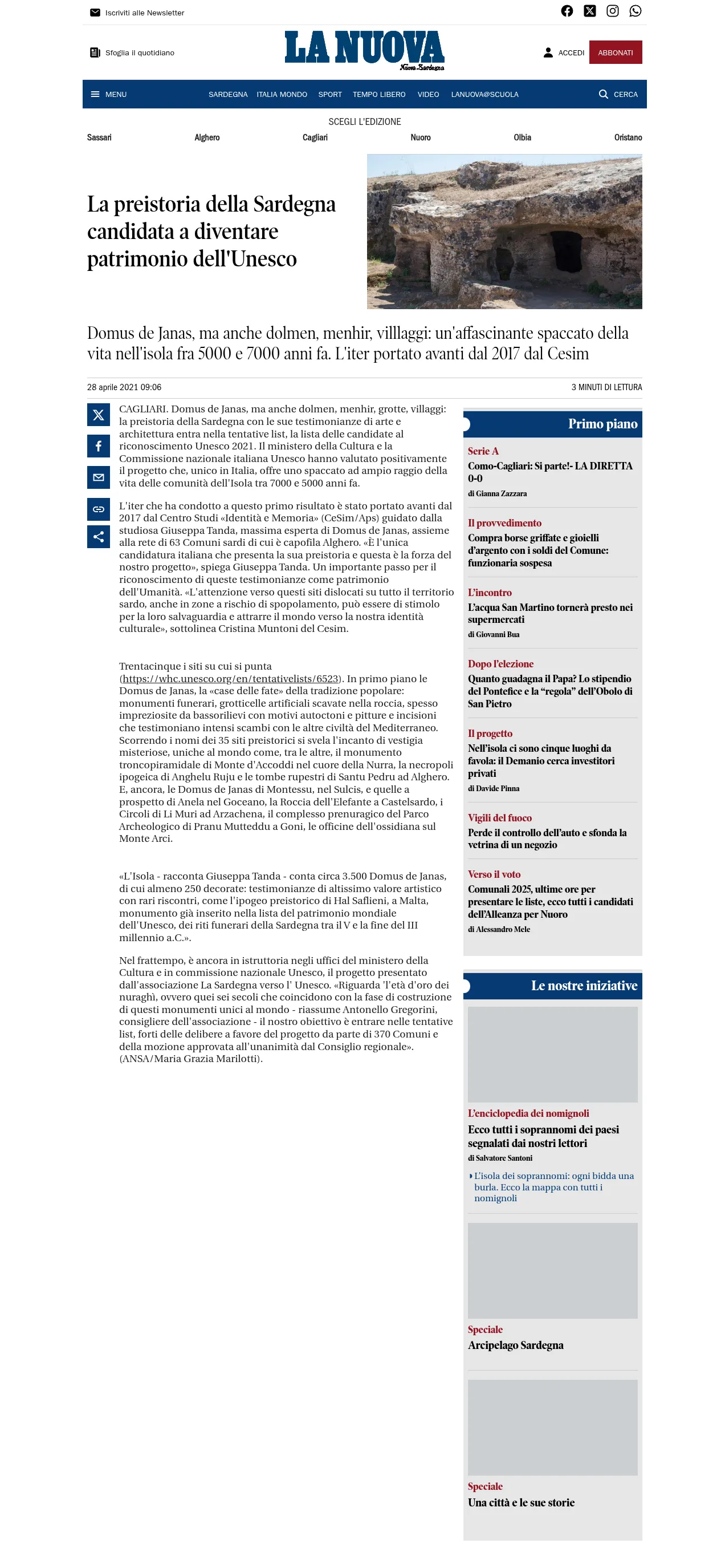 La Nuova Sardegna dedica un approfondimento alla candidatura della preistoria sarda a patrimonio UNESCO