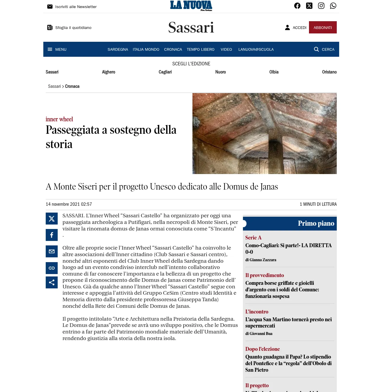 La Nuova Sardegna dedica un articolo alla passeggiata archeologica a sostegno del progetto Unesco per le Domus de Janas