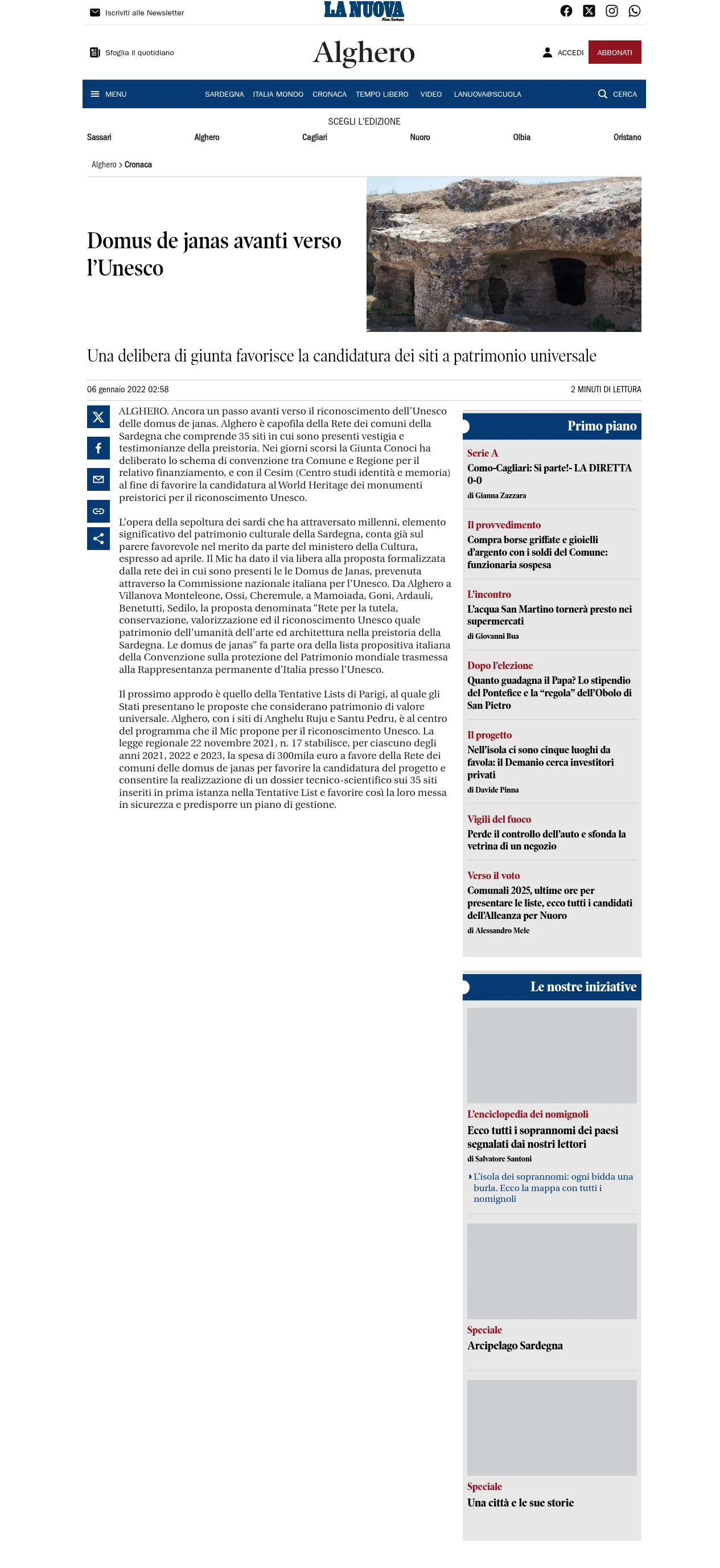 La Nuova Sardegna analizza i progressi della candidatura delle Domus de Janas all'UNESCO