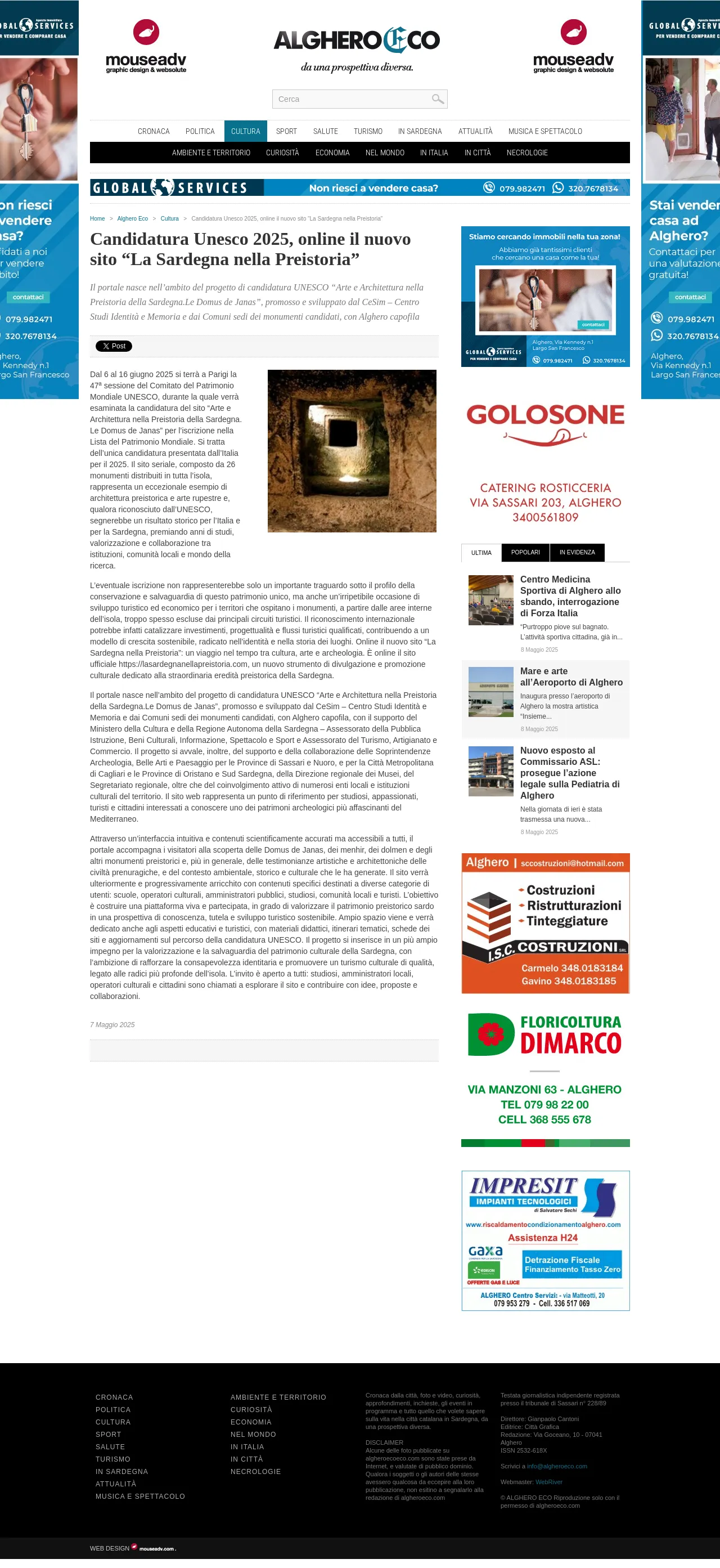 Candidatura Unesco 2025, Il portale "Le Domus de Janas" citato da Alghero Eco